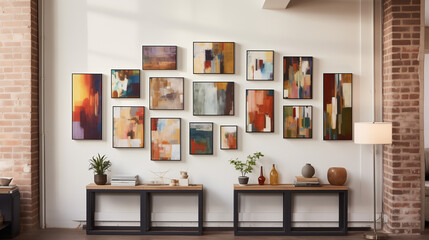 Fototapeta na wymiar Modern Art Gallery Wall: A Collection of Abstract Paintings Displayed on a Brick Wall Interior with Chic Console Tables and Minimalist Decor
