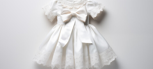 Charming white lace baby dress with satin ribbons