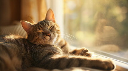 Contented Tabby Cat Lounging in Sunlit Bliss, a High-Definition Capture of Feline Relaxation and Joy by a Warm Window.