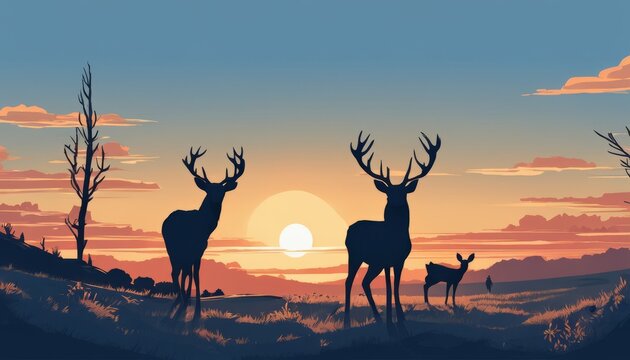 A group of deer standing on a hill at sunset
