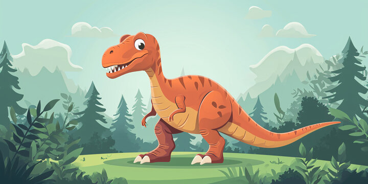 Friendly Cartoon Dinosaur in a Lush Green Forest: Perfect Image for Children’s Books, Educational Content, and Dinosaur Enthusiasts