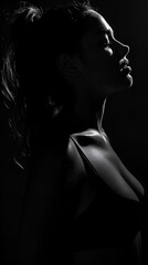 beautiful young woman posing in black light, in the style of black and white intimacy, naturalistic shadows, silhouette lighting, sombre, fine attention to anatomy, in profile