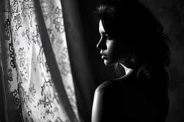 Fototapeta na wymiar in profile portrait of a beautiful young woman posing in black light nearby window, in the style of black and white intimacy, naturalistic shadows, silhouette lighting, sombre, 