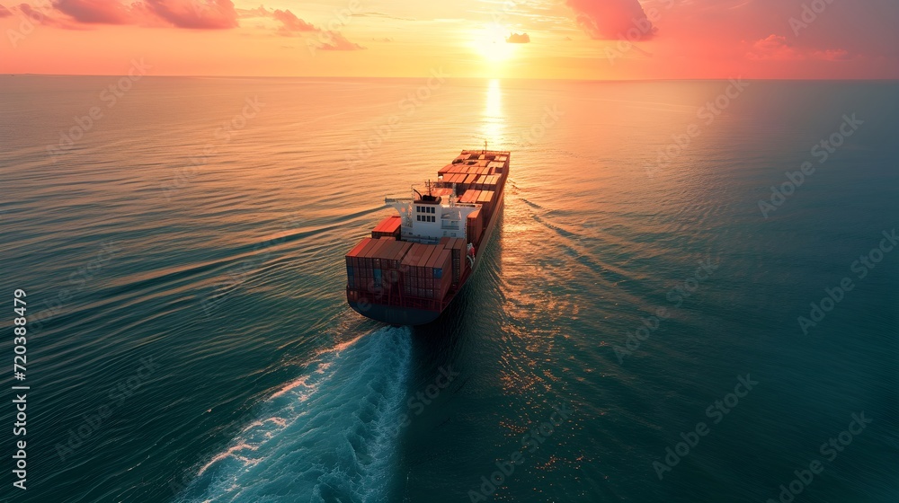 Wall mural cargo ship sailing transport business at sea with beautiful sunlight, logistics by ocean. - Wall murals