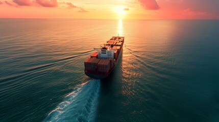 Cargo ship sailing transport business at sea with beautiful sunlight, logistics by ocean.