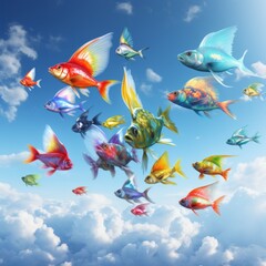 backdrop with blue sky and colorful flying fish , generated by AI