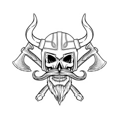 illustration of a Viking skull with a black and white ax weapon