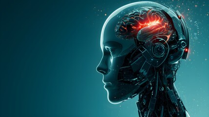 Robot technology, side view of humanoid head and brain, illustration design. Generative AI 