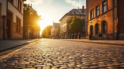 Golden Hour on an Old European Town Street: Sunlight Casting Warm Tones Over Cobblestone Road and Historic Architecture.