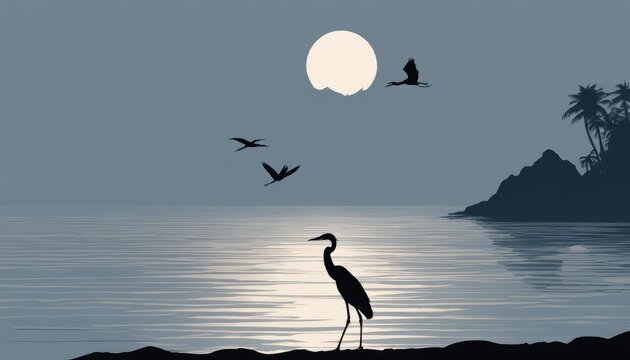 A bird standing on the beach with the moon in the background
