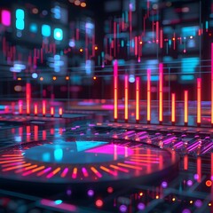 Obraz premium digital business graph of sales representation, pie chart and bar graph including sales. neon color. sales analysis, business sales representation concept