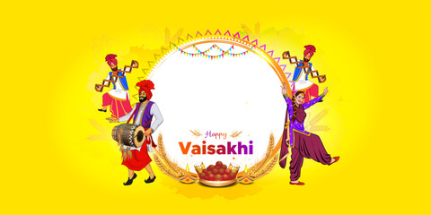 Obraz na płótnie Canvas Happy Vaisakhi or Baisakhi festival Celebration background. Indian Punjabi Sikh traditional harvest festival Poster banner design.