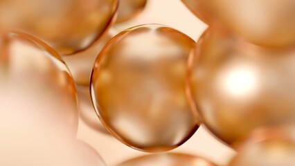 Liquid golden oil bubbles macro close up. Abstract cosmetic 3D illustration background of fluid circles. Beauty care concept of decorative antioxidant peptide soap spheres in light water background