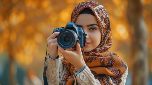 Hijab girl capturing moments with her camera.