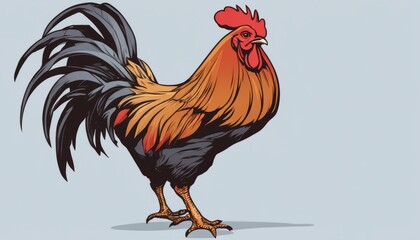A rooster with a red head and black tail - Powered by Adobe