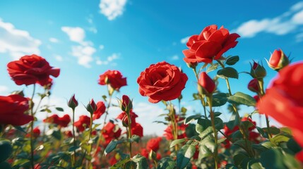 Blooming red roses field on a blue sky background. AI generated.
