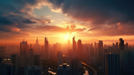 Obraz premium Beautiful modern city on a sunset background. AI generated.