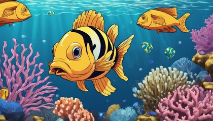 Fototapeta na wymiar A colorful fish with a yellow and black stripe is swimming in the ocean