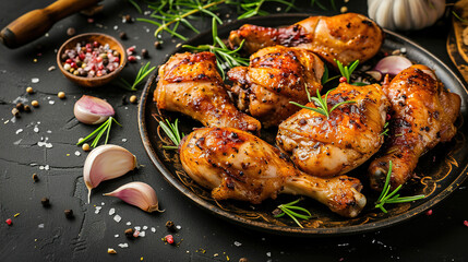 grilled chicken legs mixed with brown garlic sauce , with empty copy space, food advertising, professional food photography	