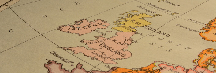 An old map showing Scotland, Edinburgh, Ireland, Dublin, England, and London.