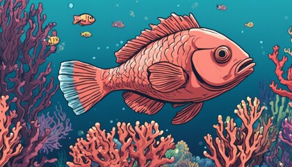 A cartoon fish swimming in the ocean