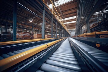 A view of multiple rows of conveyor belts in a spacious warehouse, Low Angle on conveyor belt in warehouse, AI Generated