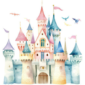 Watercolor cartoon castle on white background