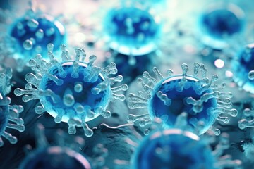 Group of Blue and White Corona Decorations for a Festive Atmosphere, Macro close up shot of blue bacteria and virus cells in a scientific laboratory, AI Generated