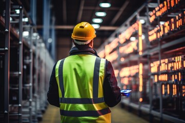 A man wearing a yellow safety vest focuses on a cell phone screen, engrossed in the content displayed, Maintenance engineer inspecting electrical warehouse, AI Generated