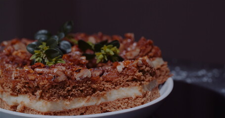 Traditional Walnut Cake on Plate Rotating.