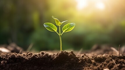 Fototapeta premium A small plant grows in soil against a blurred backdrop of vegetation, illuminated by gentle sun rays.