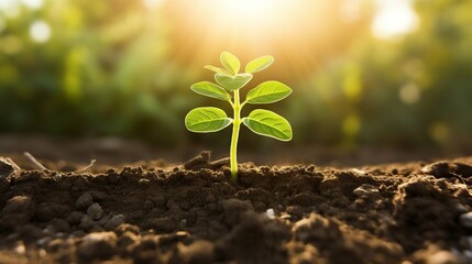 A small plant grows in soil against a blurred backdrop of vegetation, illuminated by gentle sun rays.