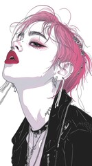 A drawing of a woman with pink hair and piercings