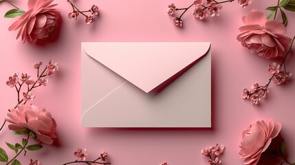 Top view valentines pink envelope on pink background