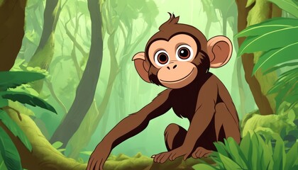 A cartoon monkey sitting on a branch in a forest