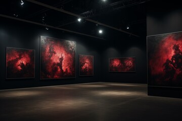 Indoor color photograph of a darkened museum exhibition hall hung with paintings of fire, in red and black. From the series “Imaginary Museums.