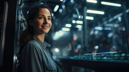 Fototapeta premium Confident female worker checking detailing expert EV car getting ready to use in a modern automotive manufacturing with skillfully operating high tech machinery, Generative Ai