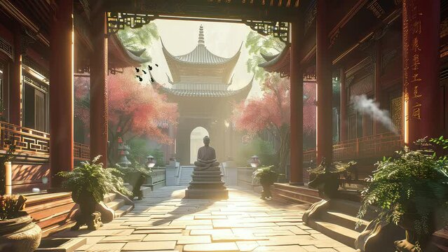 Animation traditional chinese temple in the morning. seamless 4k video background. generated with ai