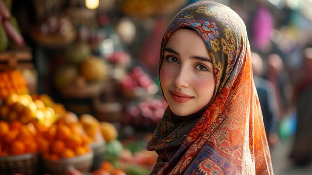 Hijab girl exploring a bustling marketplace.