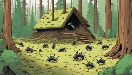 A cartoon drawing of a cabin surrounded by ants