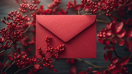  empty  red envelope on red background with copy space