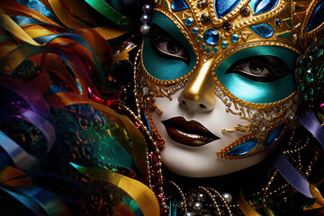 venetian carnival mask   Mardi Gras Venetian masks in golden purple green colors background