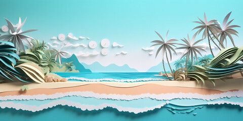 Fototapeta na wymiar Summer Beach Background with Tropical And Palm Trees Landscape for Banner .