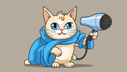 Fototapeta premium A cartoon cat holding a hair dryer