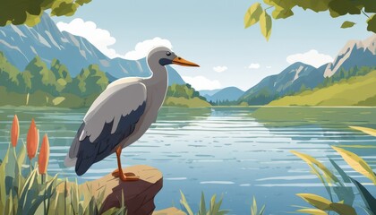 Fototapeta premium A bird standing on a rock near a lake