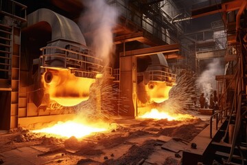 Steel Factory Producing Industrial Goods With Abundance of Steel Materials, Metal casting in a blast furnace at a metallurgical plant or factory with liquid iron being poured, AI Generated