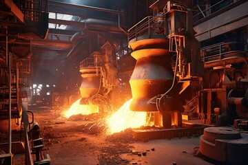 A factory setting filled with a multitude of machines and fiery flames., Metal casting in a blast furnace at a metallurgical plant or factory with liquid iron being poured, AI Generated