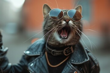 A cat with sunglasses and a leather jacket. Generative Ai. - obrazy, fototapety, plakaty