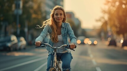 a young beautiful blonde american woman riding a bicycle on a road in a city street