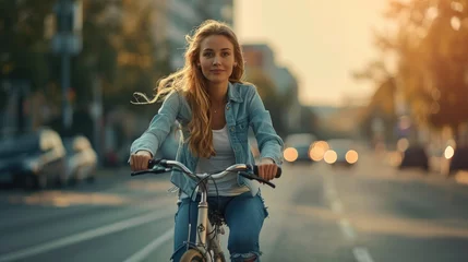 Fototapeten a young beautiful blonde american woman riding a bicycle on a road in a city street © khwanchai